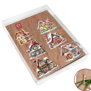 Christmas Houses Clip-On Eco Wood Decorative Ornaments Set of 6 by G. Debrekht - Christmas Decor - 8090024C-S6