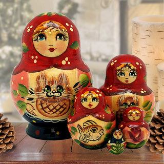 Kitty Matreshka Nesting Hand-Painted Dolls Set of 5 by G. DeBrekht - Christmas Decor - 140074
