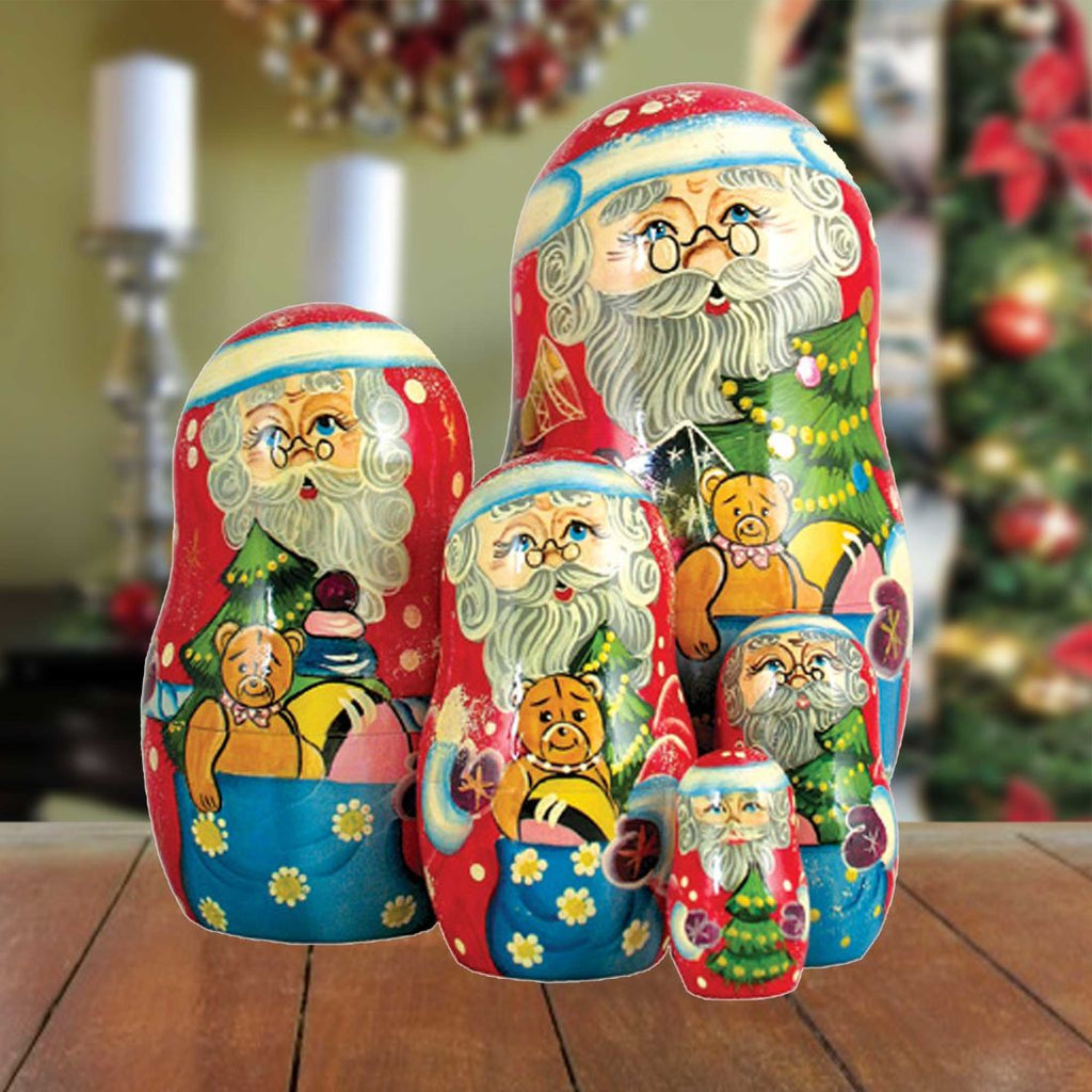 Santa Gift Bag Matreshka Nesting Hand-Painted Doll Set of 5 by G. DeBrekht - Christmas Santa Snowman Decor - 110081