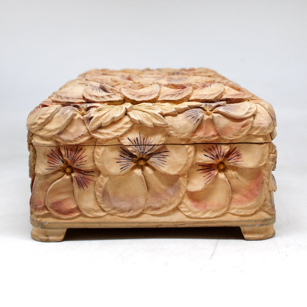 One-of-a-Kind Pansies WOODCARVED Jewelry BOX 8x5.5x3.5