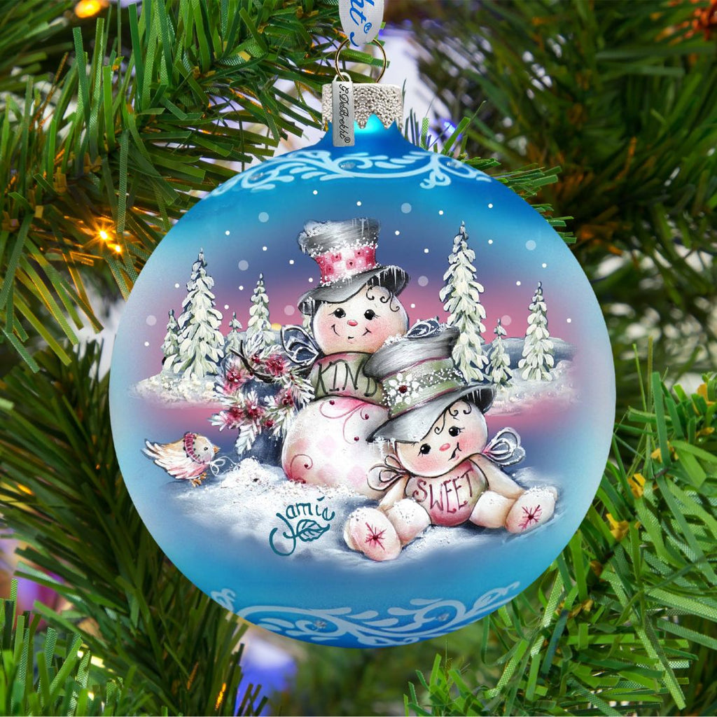 Kind Sweet Snowman Family Glass Ornament by Jamie Mills-Price - Christmas Santa Snowman Decor - 71201-0113