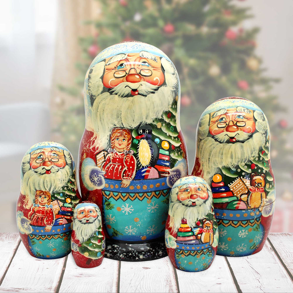 Santa Gift Bag Matreshka Nesting Hand-Painted Doll Set of 5 by G. DeBrekht - Christmas Santa Snowman Decor - 110081-2