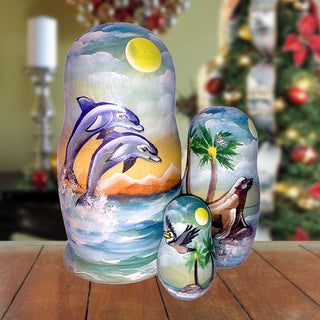 Dolphins Seal & Pelican Matreshka Nesting Hand-Painted Doll Set of 3 by G. DeBrekht - Coastal Holiday Decor - 14741