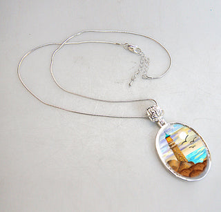 Light House Silver Plated Mother of Pearl Jewelry Pendant Necklace Coastal - 44049