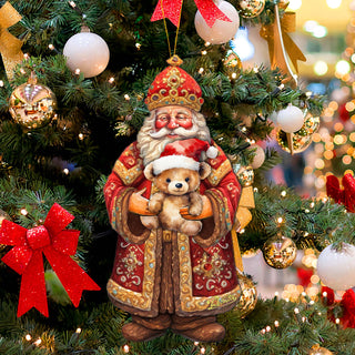 Santa's Teddy Bear Hug Wooden Ornaments by G. Debrekht - Christmas Santa Snowman Decor - 8691415
