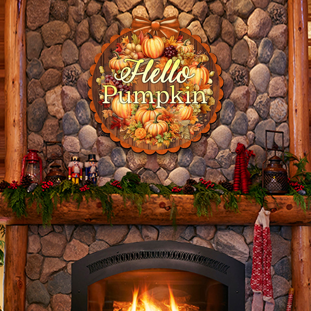 Hello Pumpkin Front Door Welcome Sign, Wooden Front Porch Decor by G. Debrekht Thanksgiving Halloween Decor - 933120H