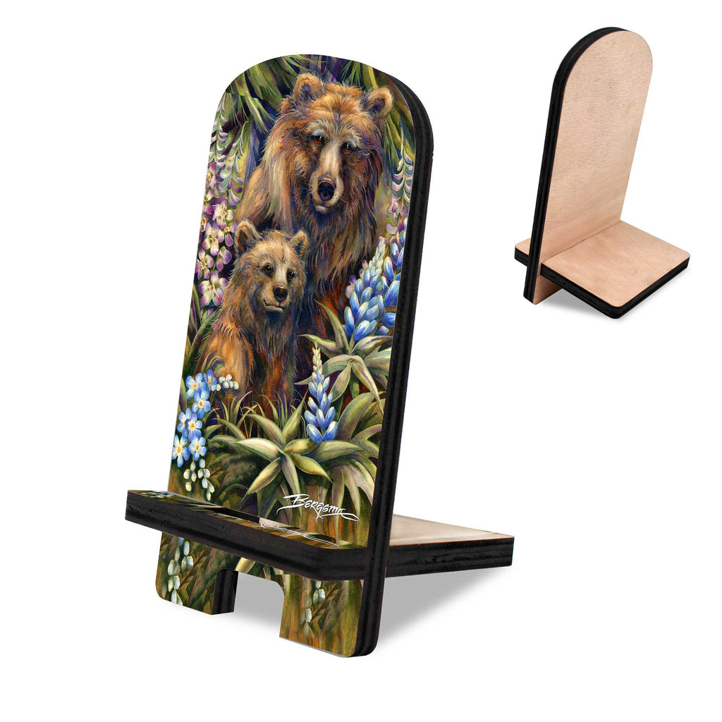Grin & Bear it Grizzly Mother & Cub Cell Phone Stand Wildlife Decor Wood Mobile Tablet Holder Charging Station Organizer - 892092-JB