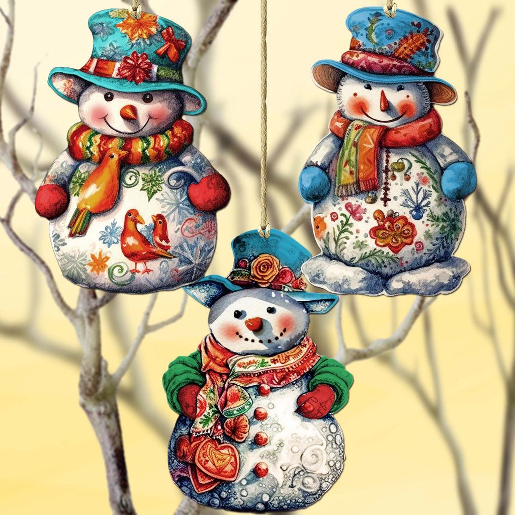 Snowman Decorative Eco Wood Ornaments Set of 3 by G. Debrekht - Christmas Decor - 8091023-S3
