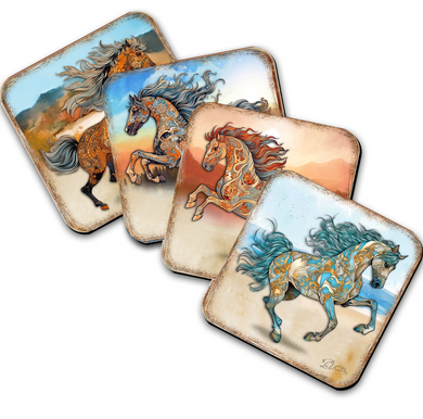 four square coasters featuring illustrations of horses in various poses and colors.