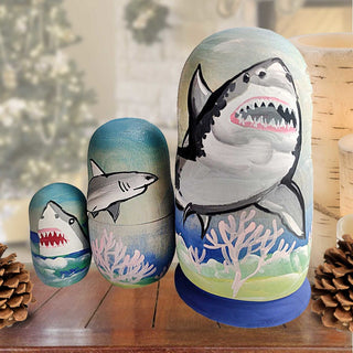 Shark Matreshka Nesting Hand-Painted Doll Set of 3 by G. DeBrekht - Coastal Holiday Decor - 14771