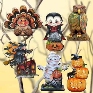 Happy Halloween Clip-On Eco Wood Decorative Ornaments Set of 6 by Jamie Mills-Price and G. Debrekht - Halloween Decor - 8090135C-S6