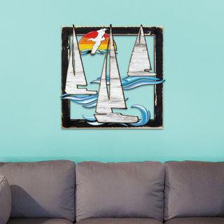 Sailing Boats Sunrise Wooden Wall Decor by G. DeBrekht - Coastal Sea-Life Decor - G985242S3