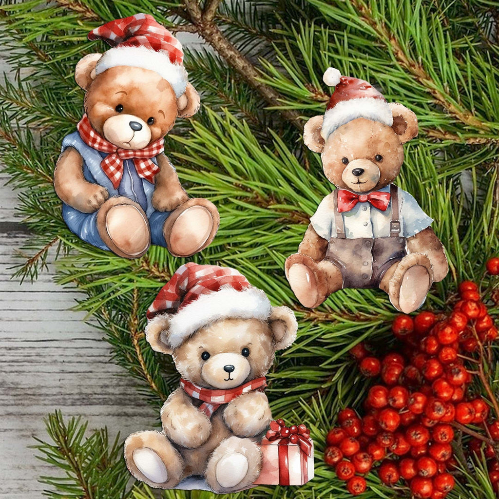 Christmas Teddy Bear Clip-On Eco Wood Decorative Ornaments Set of 3 by G. Debrekht - Christmas Decor - 8091011C-S3