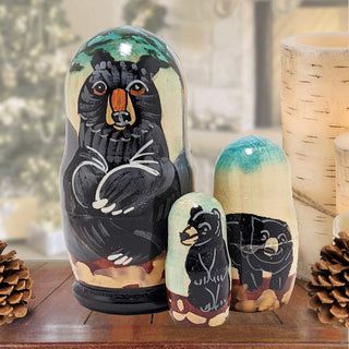Black Bear Matreshka Nesting Hand-Painted Doll Set of 3 by G. DeBrekht - Wildlife Holiday Decor - 14767