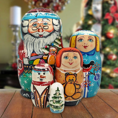 Winter Spirit Matreshka Nesting Hand-Painted Doll Set of 5 by G. DeBrekht - Christmas Santa Snowman Decor - 120014
