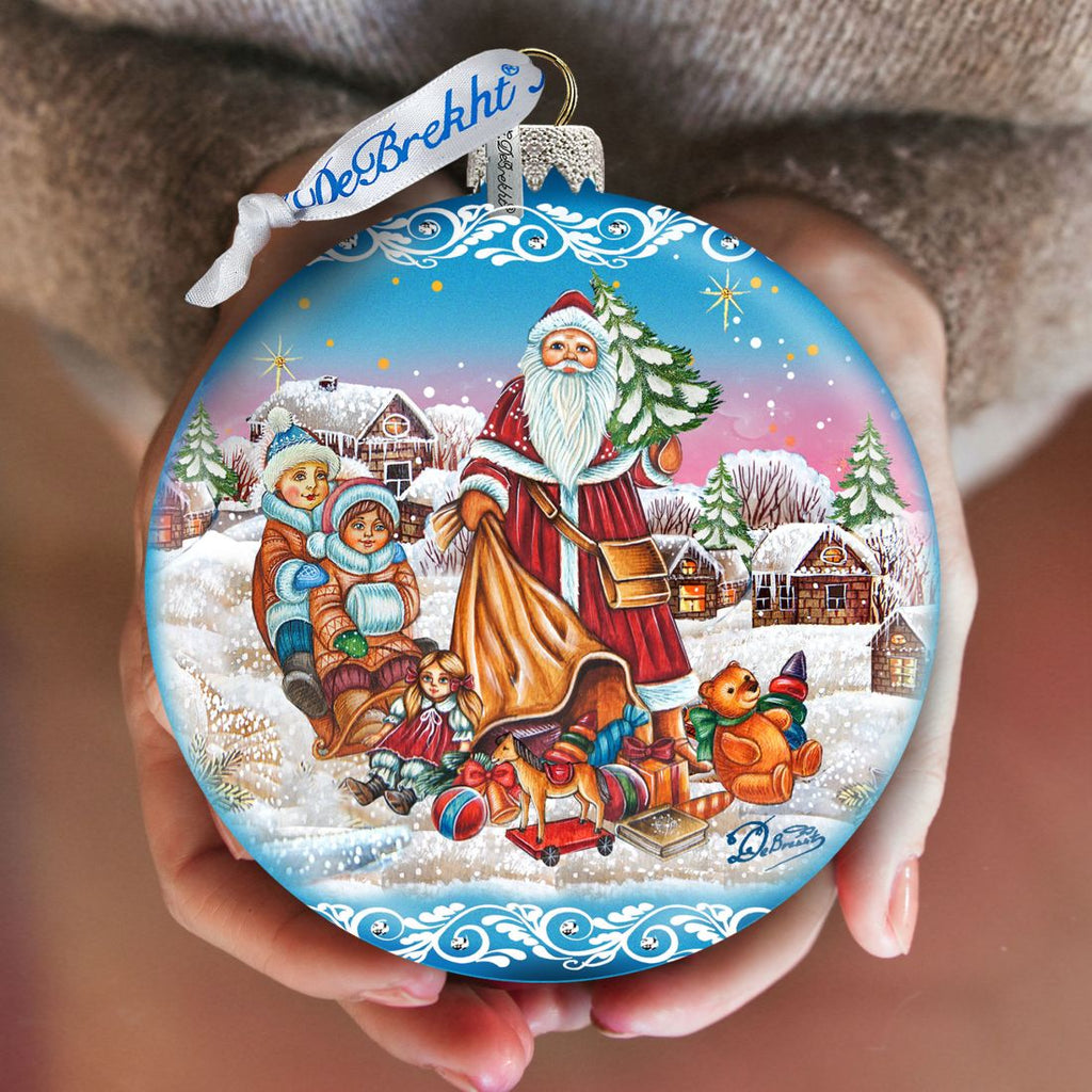 Santa Gift Giver Blue Ball Glass Ornament Limited Edition by G. DeBrekht - Christmas Santa Snowman Decor - 73874B