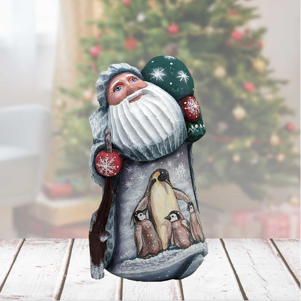 Santa and the Penguins Santa Hand-Painted WOODCARVED Figurine by G. DeBrekht - Wildlife Holiday Decor - 821508-4