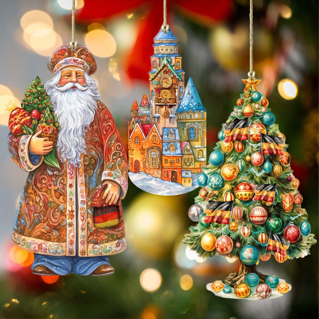 Santas Around the World - German Inspired Santa - Eco Wood Ornaments Set of 3 by G. DeBrekht Christmas Santa Snowman Decor - 8091304S3