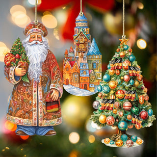 Santas Around the World - German Inspired Santa - Eco Wood Ornaments Set of 3 by G. DeBrekht Christmas Santa Snowman Decor - 8091304S3
