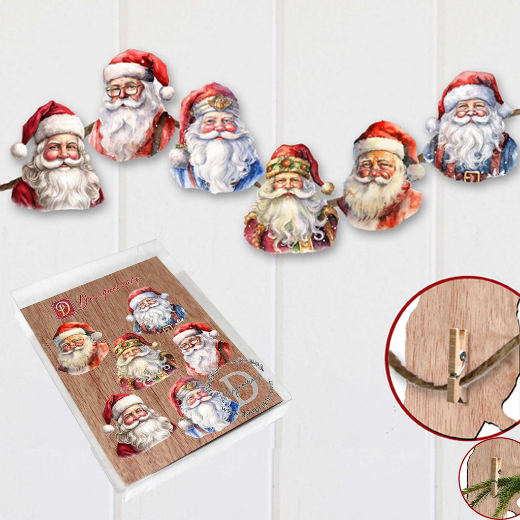Jolly Santa Faces Clip-On Eco Wood Decorative Ornaments Set of 6 by G. Debrekht - Christmas Decor - 8090045C-S6