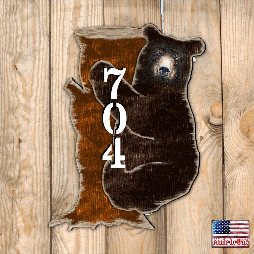 Bear on the Stoop Log Cabin Personalized House Number Sign by G. Debrekht - Nature Wildlife Decor - Handcrafted Wooden Address Sign - MA81982153