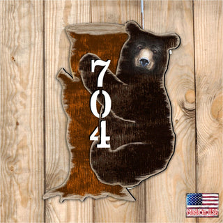 Bear on the Stoop Log Cabin Personalized House Number Sign by G. Debrekht - Nature Wildlife Decor - Handcrafted Wooden Address Sign - MA81982153