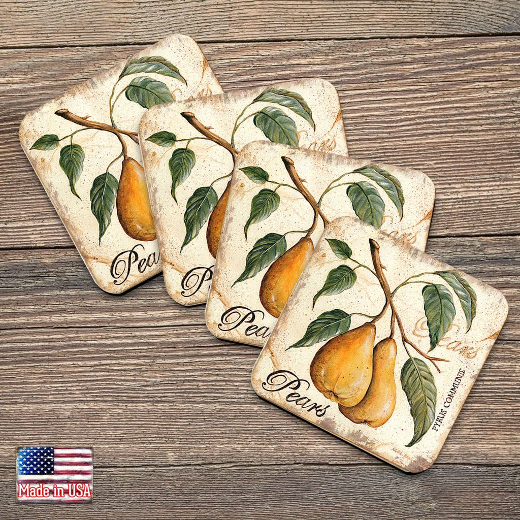 Pears Wooden Cork Coasters Gift Set of 4 by Nature Wonders - Nature Wildlife Decor - 8198631C-S4