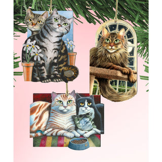 Gazing Cats Wooden Ornaments Set of 3 by Laura Seeley - Pets Dog and Cats Decor - 8100098S3-LS