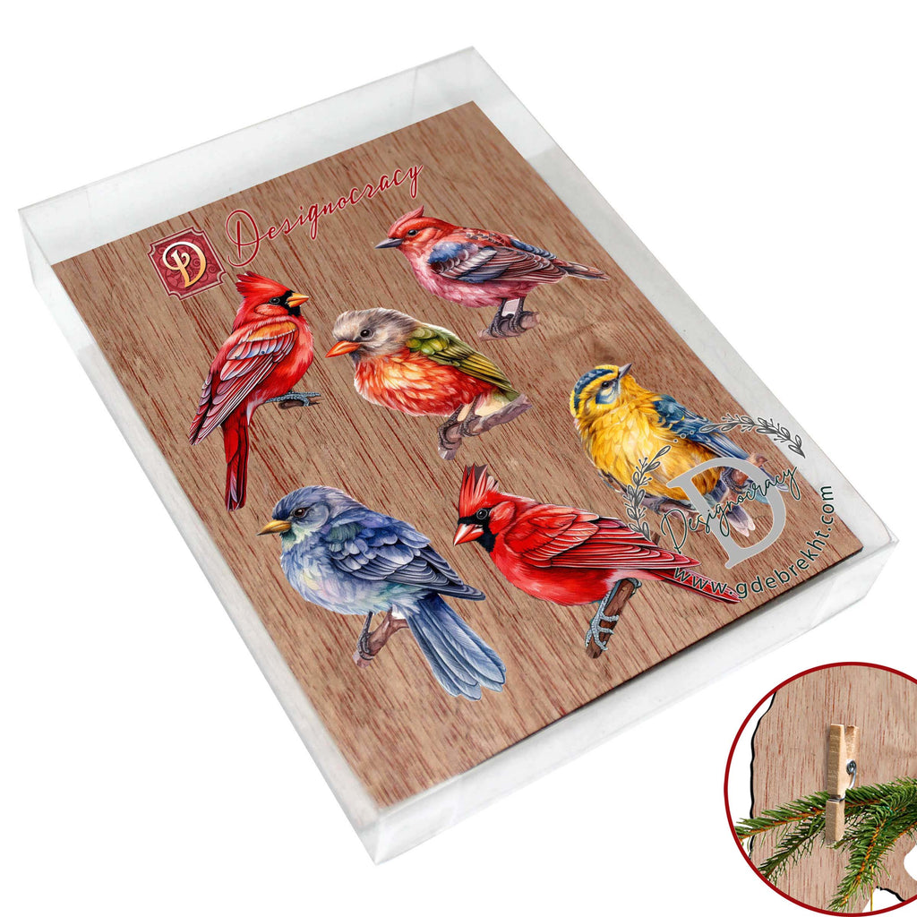 Winter Birds Clip-On Eco Wood Decorative Ornaments Set of 6 by G. Debrekht - Christmas Decor - 8090005C-S6
