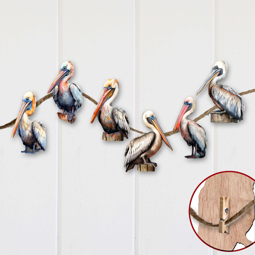 Pelicans Clip-On Eco Wood Decorative Ornaments Set of 6 by G. Debrekht - Christmas Decor - 8090014C-S6