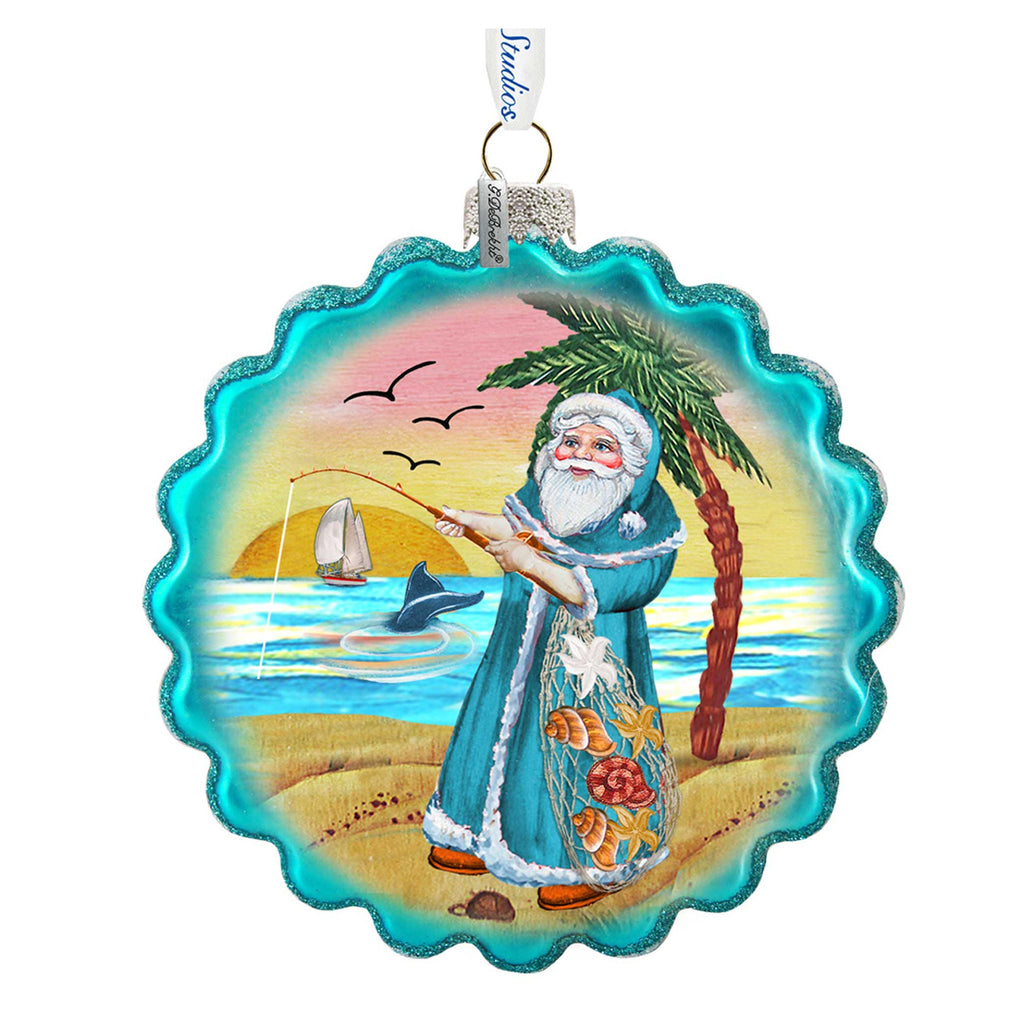 Santa with Shells Wreath Glass Ornament by G. DeBrekht - Coastal Holiday Decor - 759-041