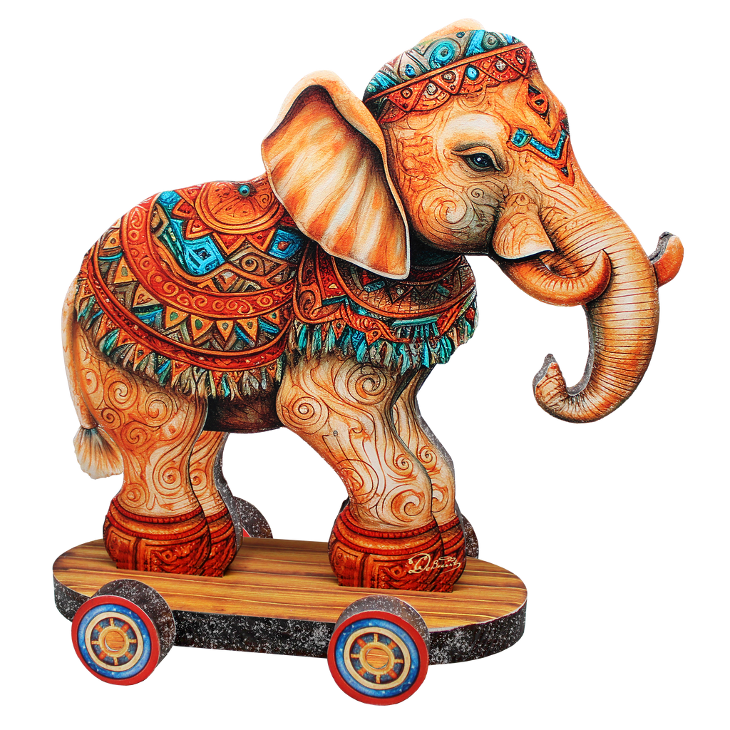 Enchanting Elephant on Wheels Limited Edition Wooden Figurine by G. Debrekht - Christmas Centerpiece Decor - 89309