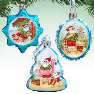 Christmas at the Beach Mercury Glass Ornaments Set of 3 by Susan Winget - Santa and Snowman Decor