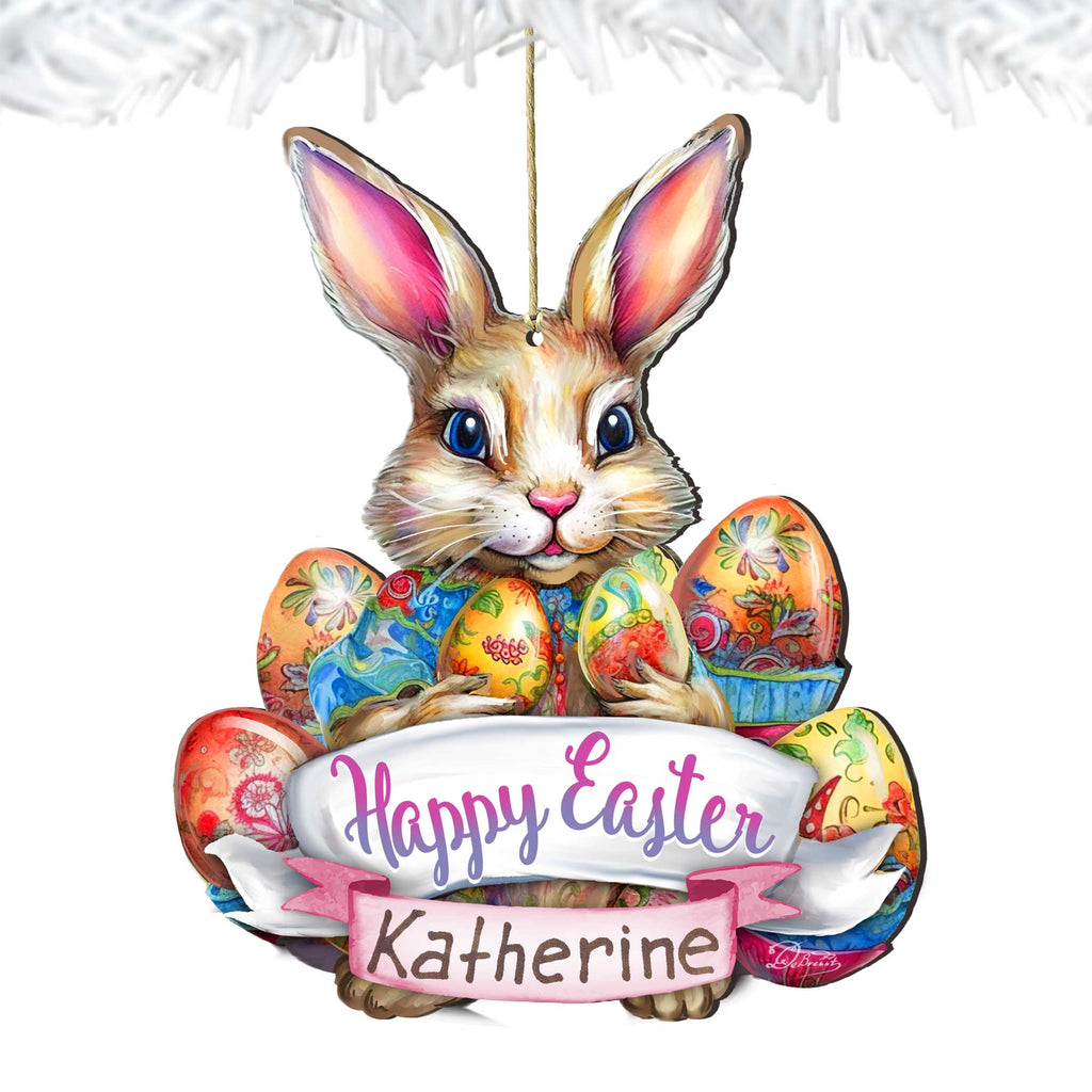 Personalized Easter Ornaments, Personalized Gift, Easter Basket Tag - Baby Name Happy Easter Bunny with Eggs Wooden Ornaments by G. Debrekht Easter Spring Decor - 8652785P