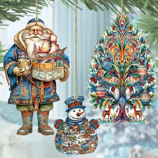 Santas Around the World - Nordic Inspired Santa - Eco Wood Ornaments Set of 3 by G. DeBrekht Christmas Santa Snowman Decor - 8091312S3