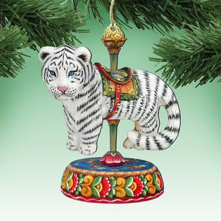A decorative ornament featuring a white tiger standing on a carousel base, with a colorful and ornate design.