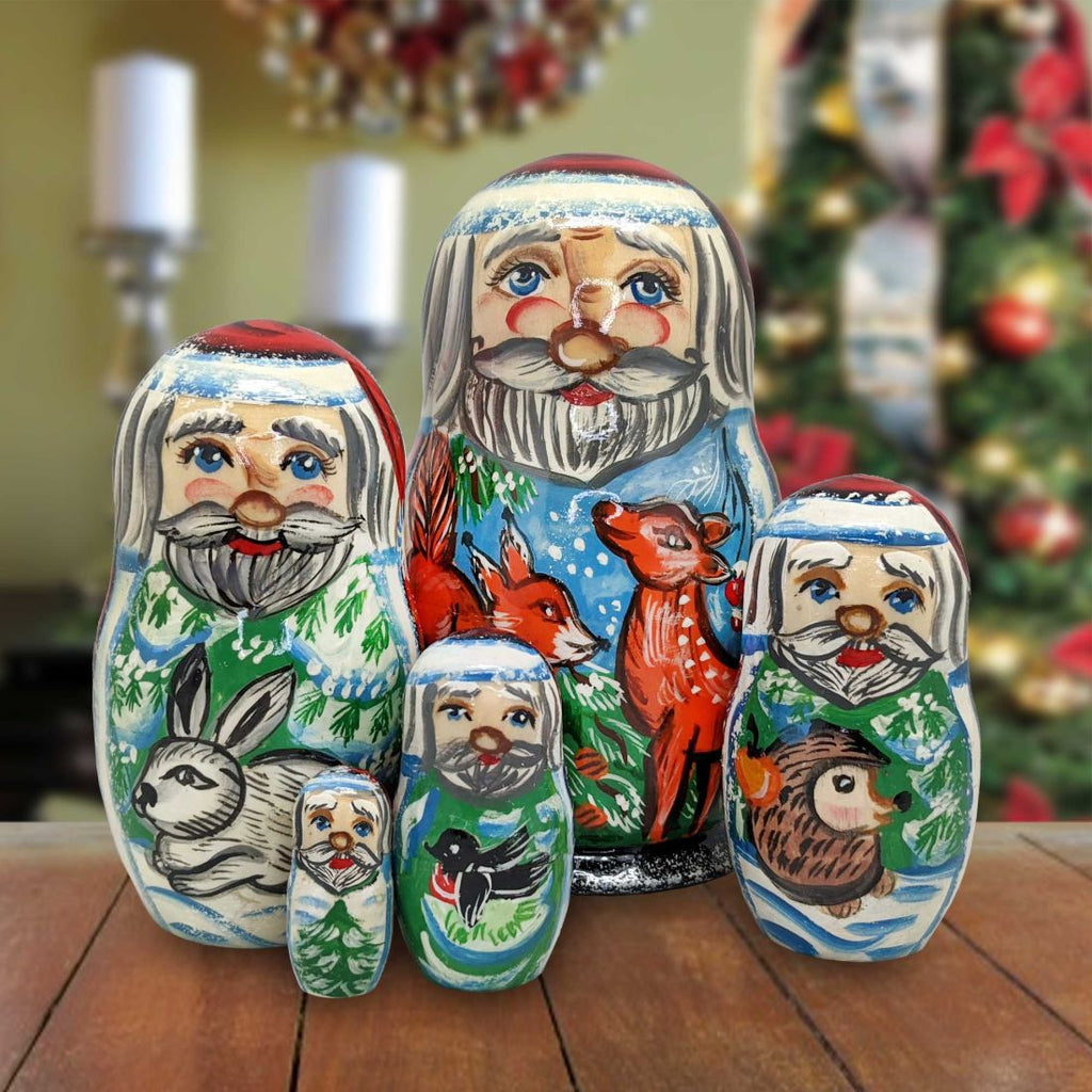 Santa Forest Friend Matreshka Nesting Hand-Painted Doll Set of 5 by G. DeBrekht - Wildlife Holiday Decor - 120013