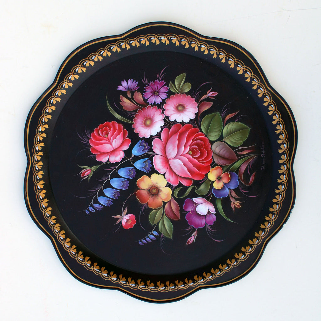 One-of-a-Kind Authentic Zhostovo Metal Tray Hand-Painted by Tatiana Sholokhova - Functional Kitchenware and Unique Wall Decor