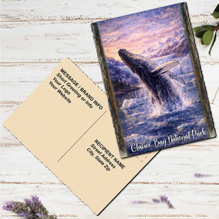 A postcard featuring a painting of a whale leaping out of the water, with the text