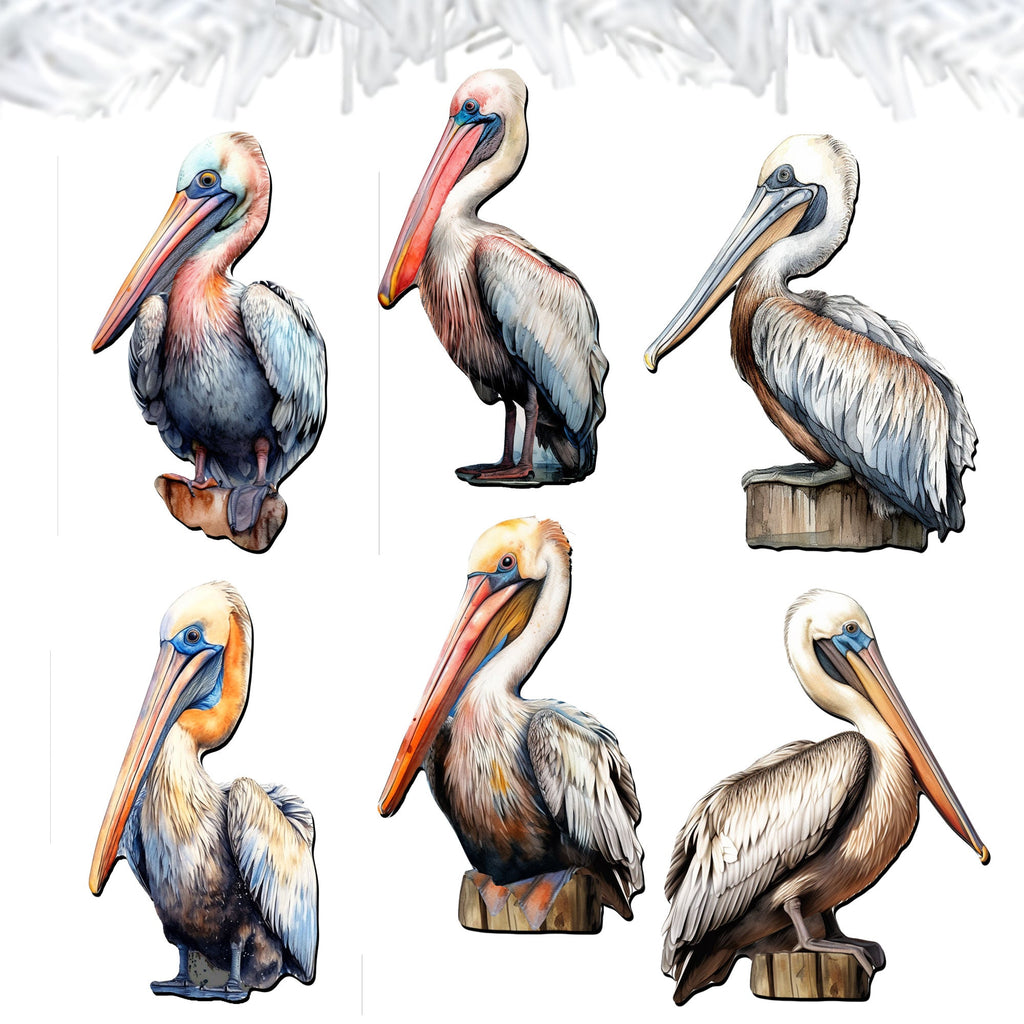 Pelicans Clip-On Eco Wood Decorative Ornaments Set of 6 by G. Debrekht - Christmas Decor - 8090014C-S6