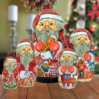 Santa' Gingerbread Matreshka Nesting Hand-Painted Doll Set of 5 by G. DeBrekht - Christmas Santa Snowman Decor - 110089
