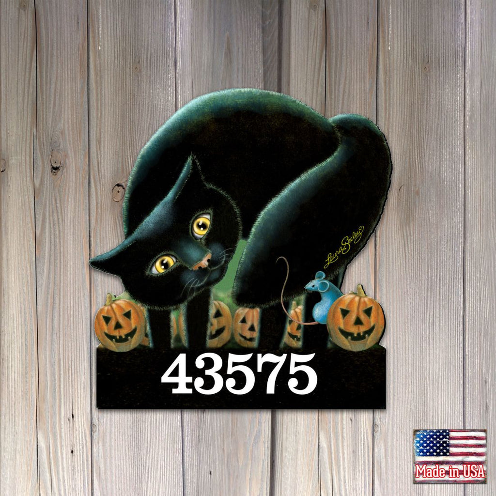 Black Cat Wooden Custom House Number Sign by Laura Seeley - Thanksgiving Halloween Decor - Handcrafted Wooden Address Sign - MA8512056-LS