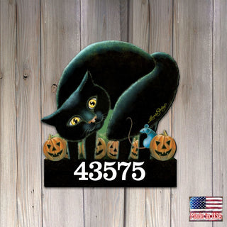 Black Cat Wooden Custom House Number Sign by Laura Seeley - Thanksgiving Halloween Decor - Handcrafted Wooden Address Sign - MA8512056-LS