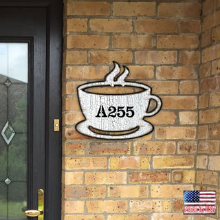 Tea Cup Wooden Custom House Number Sign by G. DeBrekht - Love Family Kids Decor - Handcrafted Wooden Handcrafted Wooden Handcrafted Wooden Address Sign - MA98438