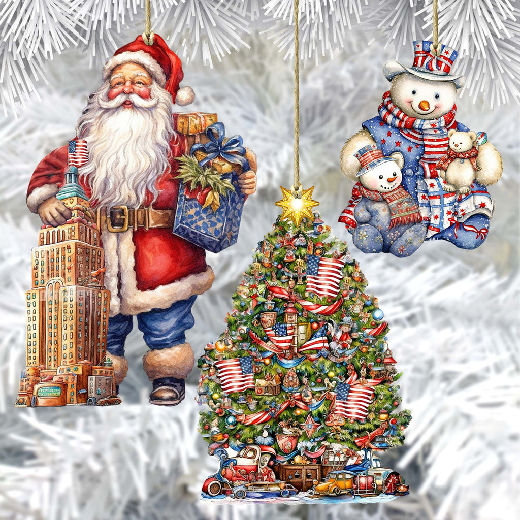 Santas Around the World - American Inspired Santa - Eco Wood Ornaments Set of 3 by G. DeBrekht Christmas Santa Snowman Decor - 8091301S3