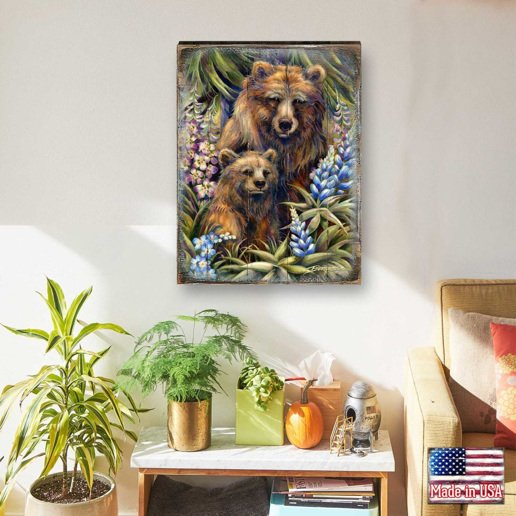 Grin & Bear it Grizzly Mother & Cub Wooden Wall Art by J. Bergsma - Nature Wildlife Decor - 8592947BP-JB
