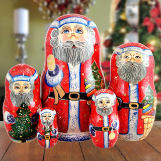 Bell Rink Santa Matreshka Nesting Hand-Painted Doll Set of 5 by G. DeBrekht - Christmas Santa Snowman Decor - 110082