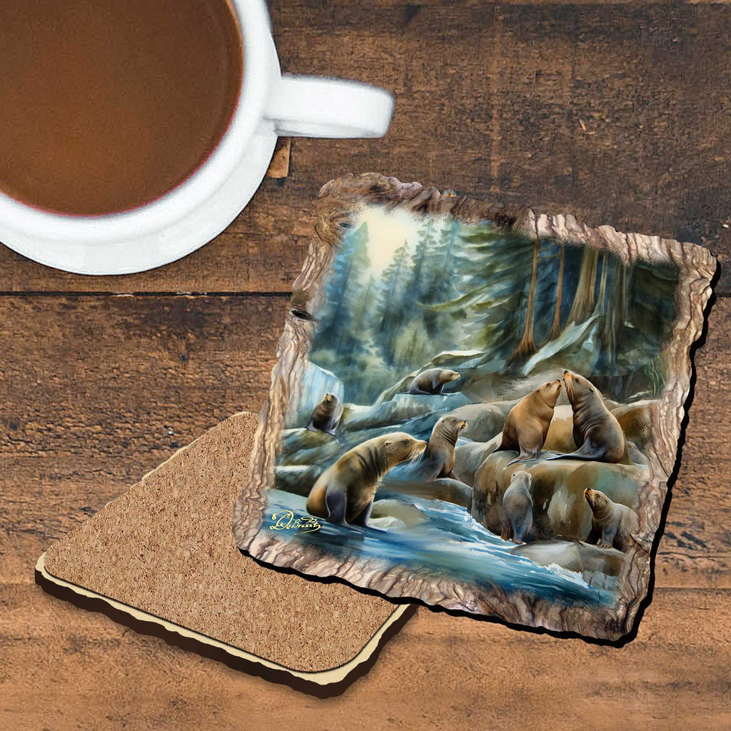 Charming Sea Lions Wooden Cork Coasters Gift Set of 4 by Nature Wonders Coastal Wildlife Decor - 95387C-S4