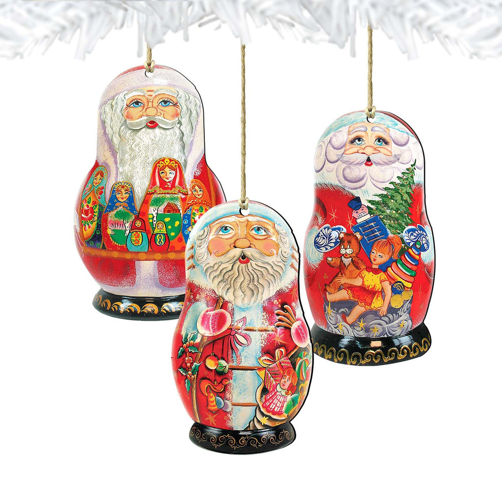 Santa Doll Wooden Ornaments Set of 3 by G. DeBrekht - Christmas Santa Snowman Decor - 8100103S3