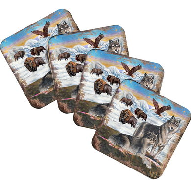 a collage of four square images, each depicting a different scene of wildlife, including wolves, bison, and eagles.